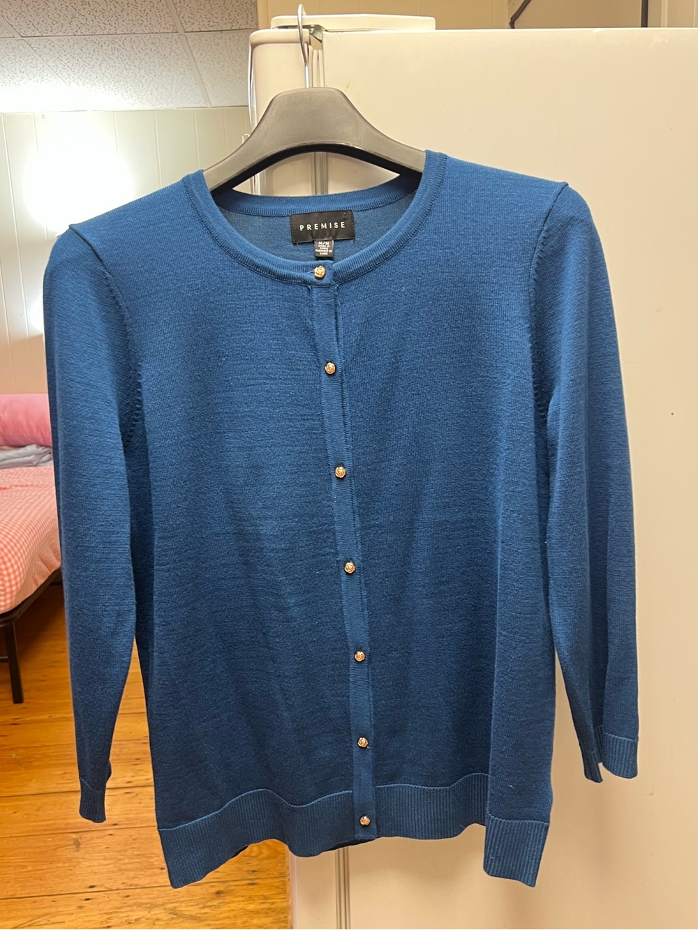 Premise Teal-Blue Button Cardigan with Gold Buttons (Size: M)